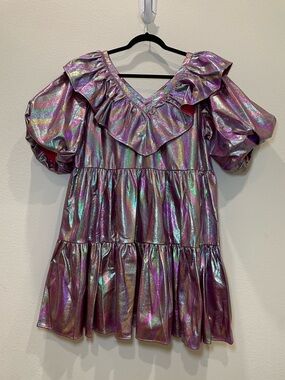 Queen of Sparkles Oil Spill Holo Poof Sleeve Dress Large NWOT Barbiecore
